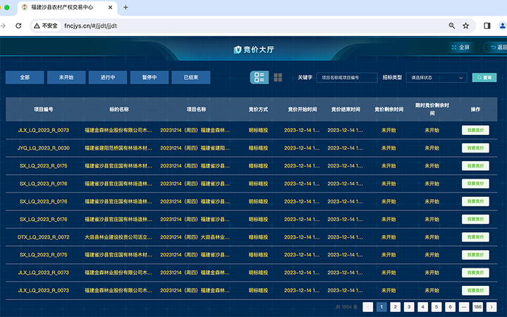 2023年12月13日晚间福建沙县农村产权交易中心官网“竞价大厅”页面显示的待竞价项目。福建沙县农村产权交易中心官网截图