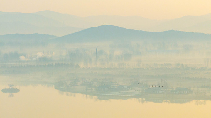 2025年1月3日，安徽省淮北绿金湖国家湿地公园清晨在晨雾、阳光的映衬下美如一幅水墨画卷。
