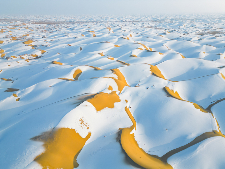 2025年1月15日，新疆巴州尉犁县，塔克拉玛干沙漠披上了银装，“沙海”变“雪海”， 沙丘的轮廓在雪的覆盖下显得更加柔和，高低起伏的沙脊与洁白的雪层构成了独特的纹理，宛如大自然精心绘制的壮美画卷。