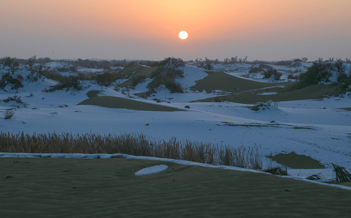 2025年1月15日，新疆巴州尉犁县，塔克拉玛干沙漠披上了银装，“沙海”变“雪海”， 沙丘的轮廓在雪的覆盖下显得更加柔和，高低起伏的沙脊与洁白的雪层构成了独特的纹理，宛如大自然精心绘制的壮美画卷。