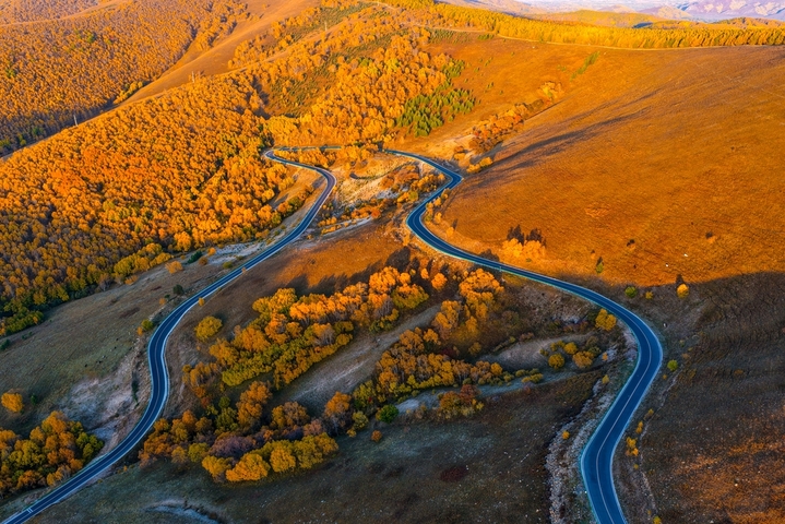2025年9月26日，内蒙古赤峰，黄岗梁秋意正浓，山林被金黄、橙红等色彩晕染，蜿蜒道路穿梭其间，宛如大自然绘就的绝美画卷，美不胜收。黄岗梁是大兴安岭最高峰，地处内蒙古，森林资源丰富，秋季层林尽染，是知名的赏秋胜地，吸引大量游客与摄影爱好者前往。