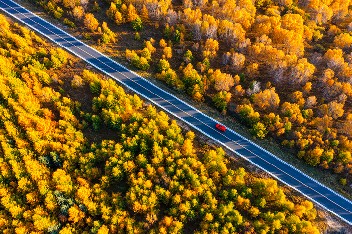2025年9月26日，内蒙古赤峰黄岗梁秋意正浓，山林被金黄、橙红等色彩晕染，蜿蜒道路穿梭其间，宛如大自然绘就的绝美画卷，美不胜收。
