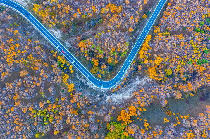 2025年9月26日，内蒙古赤峰黄岗梁秋意正浓，山林被金黄、橙红等色彩晕染，蜿蜒道路穿梭其间，宛如大自然绘就的绝美画卷，美不胜收。黄岗梁是大兴安岭最高峰，地处内蒙古，森林资源丰富，秋季层林尽染，是知名的赏秋胜地，吸引大量游客与摄影爱好者前往。来源：视觉中国
