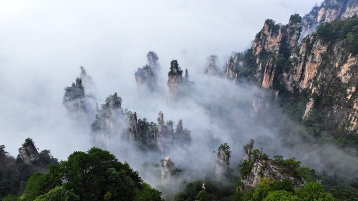 2025年10月12日，湖南张家界，国家森林公园天子山、黄石寨景区云雾缭绕。