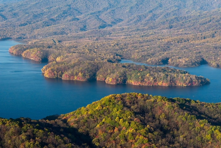 2025年10月12日，黑龙江省哈尔滨市五常市，磨盘山漫山遍野五颜六色的树叶，如大自然打翻的调色盘，美不胜收。