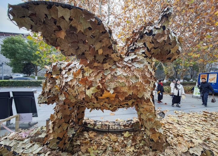 12月10日，江苏南京，市民在“星愿木马”旁拍摄照片。近日，用梧桐落叶组成的公共艺术装置“星愿木马”亮相城南“南京墙”，打造冬日里的独家浪漫。泱波(江苏分社)/中新社/cnsphoto/IC photo