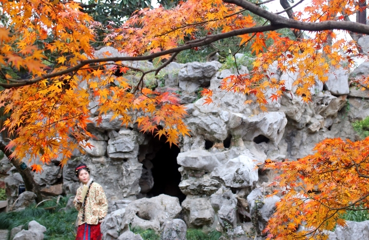 2025年12月21日，游客在苏州古典园林怡园内观赏“枫”景。