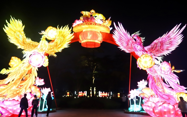 2025年12月21日晚，市民和游客在苏州公园迎新灯会上赏灯游玩。