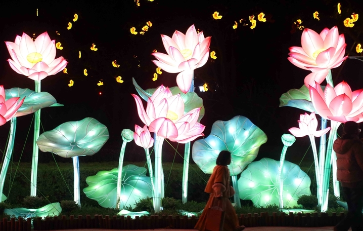 2025年12月21日晚，市民和游客在苏州公园迎新灯会上赏灯游玩。