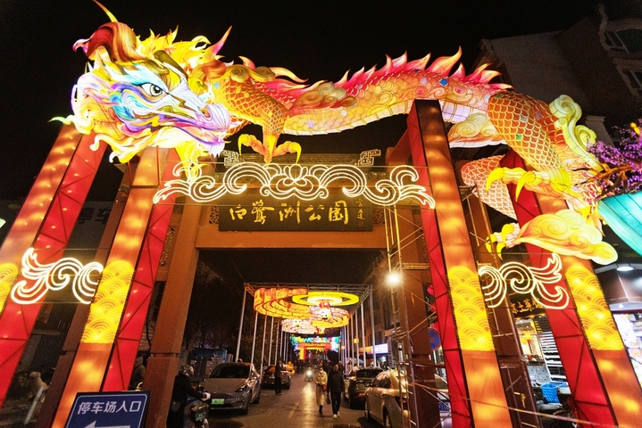 2025年12月24日，南京市，在第40届秦淮灯会白鹭洲公园展区拍摄的灯组。当日，“灯映华彩 夜泊秦淮”白鹭洲公园精品灯彩艺术展区开启部分灯组试灯，为第40届秦淮灯会启幕预热。