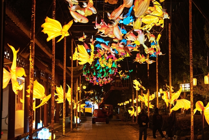 2025年12月24日，南京市，在第40届秦淮灯会白鹭洲公园展区拍摄的灯组。当日，“灯映华彩 夜泊秦淮”白鹭洲公园精品灯彩艺术展区开启部分灯组试灯，为第40届秦淮灯会启幕预热。