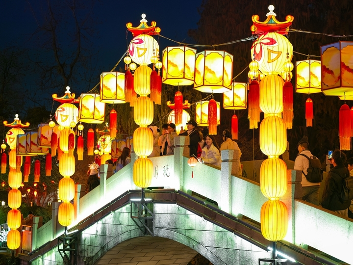 2025年12月27日，游客在南京白鹭洲公园观赏花灯。元旦将至，南京白鹭洲公园精品灯彩艺术展区花灯璀璨，吸引许多市民和游客前来赏灯游玩，喜迎新年。
