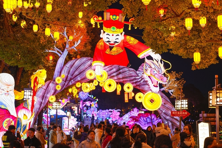 2025年12月27日，游客在南京白鹭洲公园观赏花灯。元旦将至，南京白鹭洲公园精品灯彩艺术展区花灯璀璨，吸引许多市民和游客前来赏灯游玩，喜迎新年。
