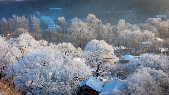 2026年1月8日，雪后的吉林市松花江畔阿什哈达一带，今晨生成了壮观唯美的雾凇，震撼眼球。
