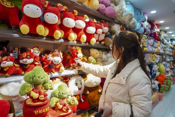1月14日，河南郑州，随着春节脚步临近，以农历生肖“马”为主题的消费市场呈现出火热态势。图为消费者在选购“马”元素毛绒玩具。来源：IC photo

