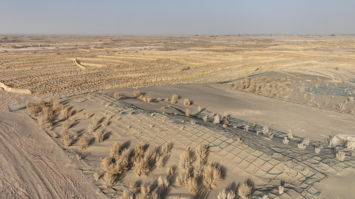 2026年1月22日，在甘肃省酒泉市金塔至大墩门公路两侧连绵起伏的沙丘上，千亩阻沙网与草方格交织成一道道的 “沙海防线”，昔日随风移动的沙丘被牢牢锁住。
