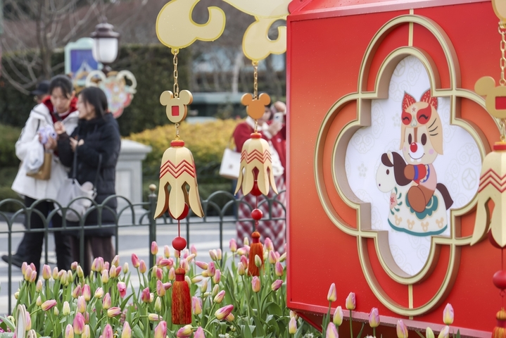 2026年1月28日，上海迪士尼乐园，新春主题花坛一角。

