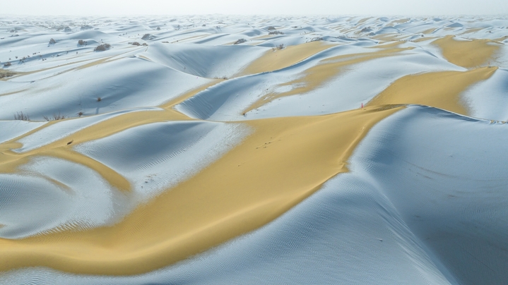 2026年1月29日，新疆巴音郭楞蒙古自治州尉犁县塔克拉玛干沙漠边缘迎来降雪天气，沙漠在皑皑白雪的映衬下，唯美壮观。汪志鹏/IC photo
