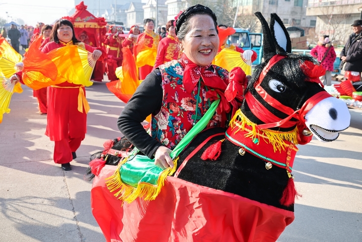 2026年2月2日，在江苏省连云港市赣榆区墩尚镇乡村大集上,民间艺人正在进行赶毛驴表演。