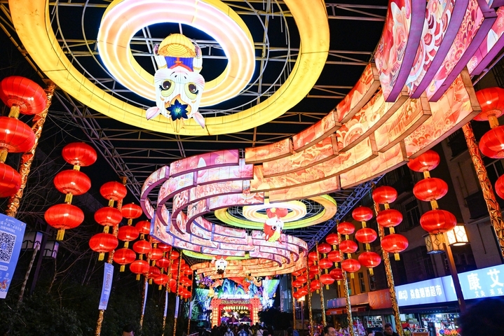 2026年2月12日晚，游客在南京白鹭洲公园赏灯游玩。