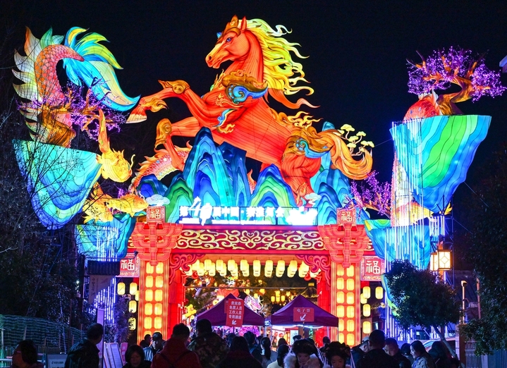 2026年2月12日晚，游客在南京白鹭洲公园赏灯游玩。