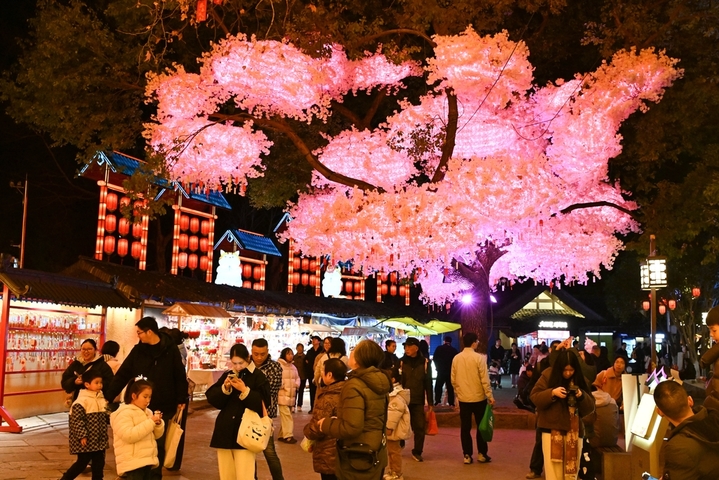 2026年2月12日晚，游客在南京白鹭洲公园赏灯游玩。IC photo