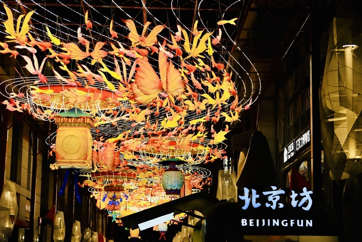 2026年2月14日，北京，正值情人节，漫步北京坊邂逅鱼灯光影廊。灯火摇曳，鱼影流转，一廊光影藏尽京城年味，一步一景皆是温柔新春。