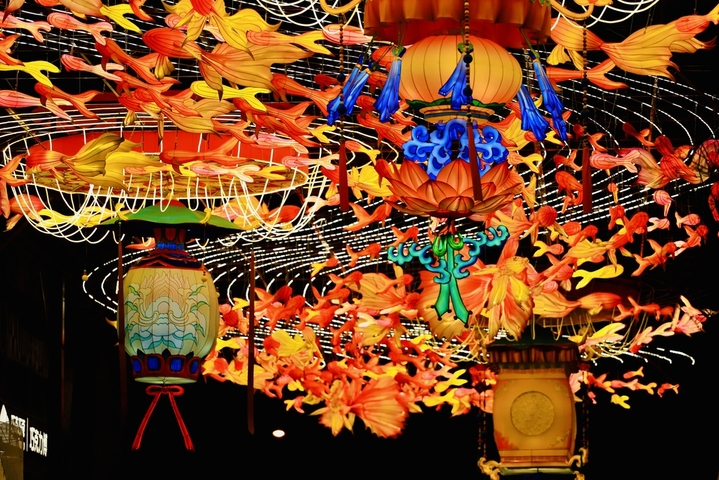 2026年2月14日，北京，正值情人节，漫步北京坊邂逅鱼灯光影廊。灯火摇曳，鱼影流转，一廊光影藏尽京城年味，一步一景皆是温柔新春。陈佳/IC photo