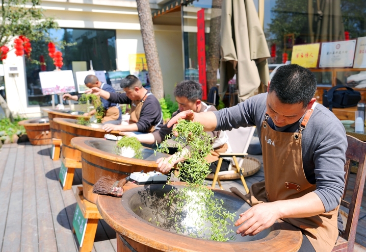 2026年3月11日，在成都市蒲江县成佳镇莆云山茶庄，茶艺师邓有明（右一）进行手工茶制作。