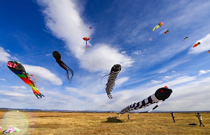 2026年4月5日，风筝爱好者在呼和浩特敕勒川草原放飞大型软体风筝。
