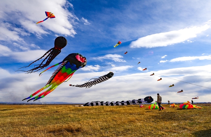 2026年4月5日，风筝爱好者在呼和浩特敕勒川草原放飞大型软体风筝。
