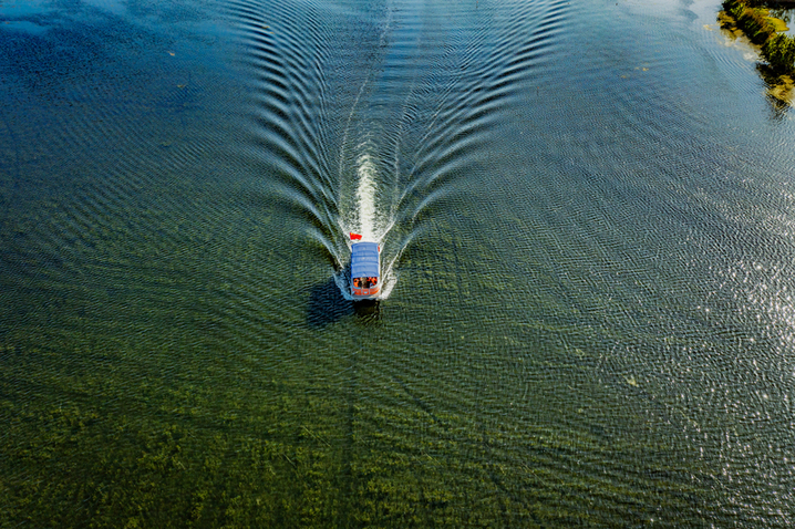 2026年4月12日，山东微山，游客乘船在独山湖游览湖景，打卡“水下森林”风光。